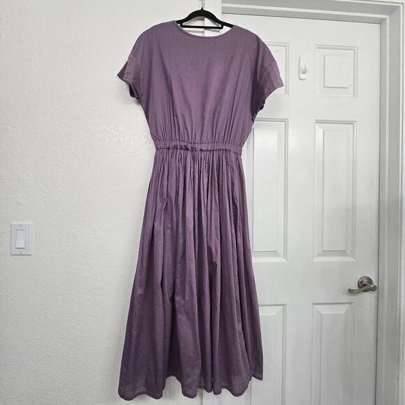 Urban Research DOORS Purple Cotton Midi Dress M Gathered Waist Japan Minimalist - Picture 3 of 13